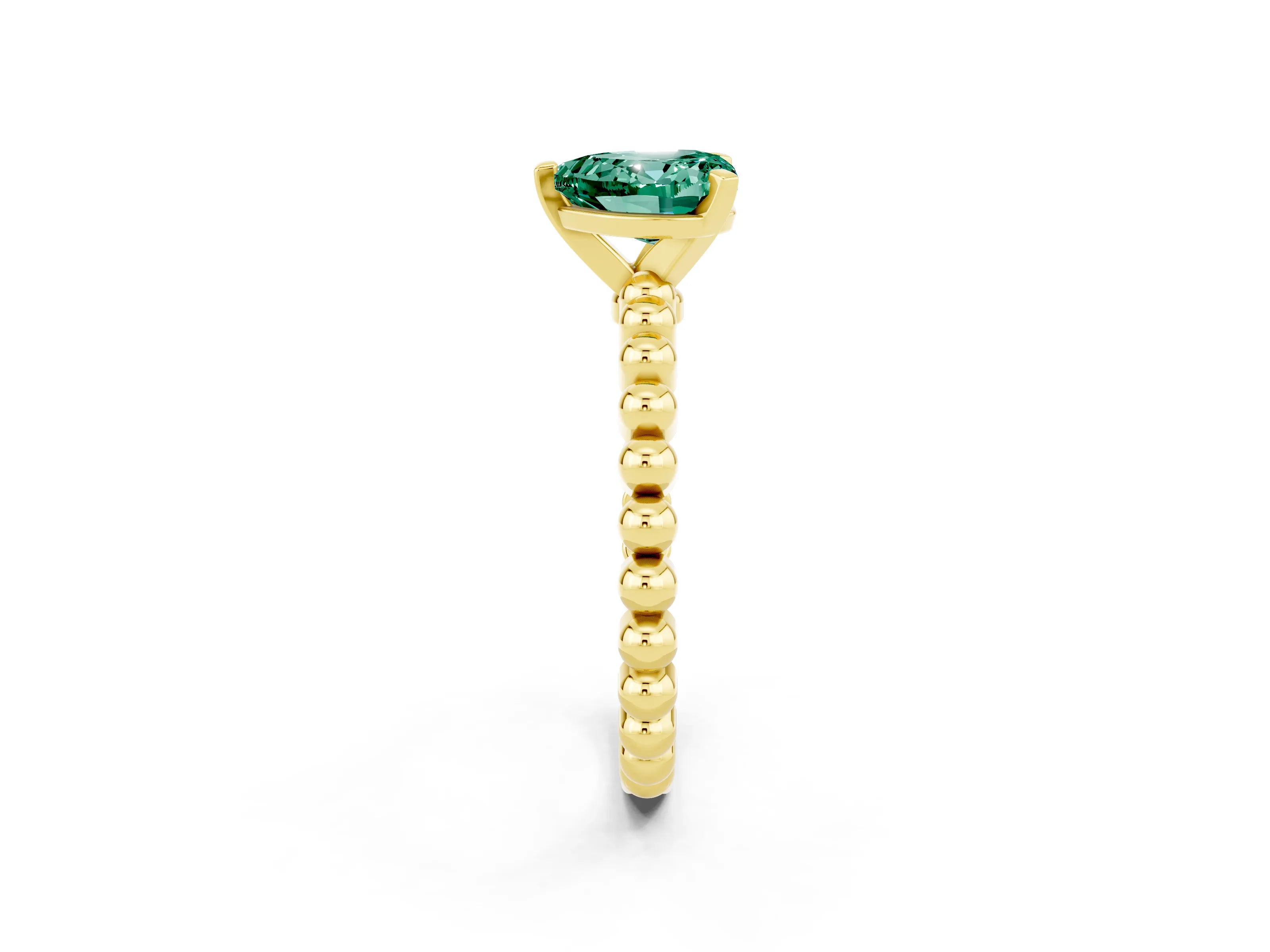 Yellow gold Heart Cut Green Sapphire Solitaire Ring with Beaded Band and Prong Setting_2