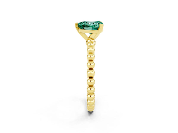 Yellow gold Heart Cut Green Sapphire Solitaire Ring with Beaded Band and Prong Setting