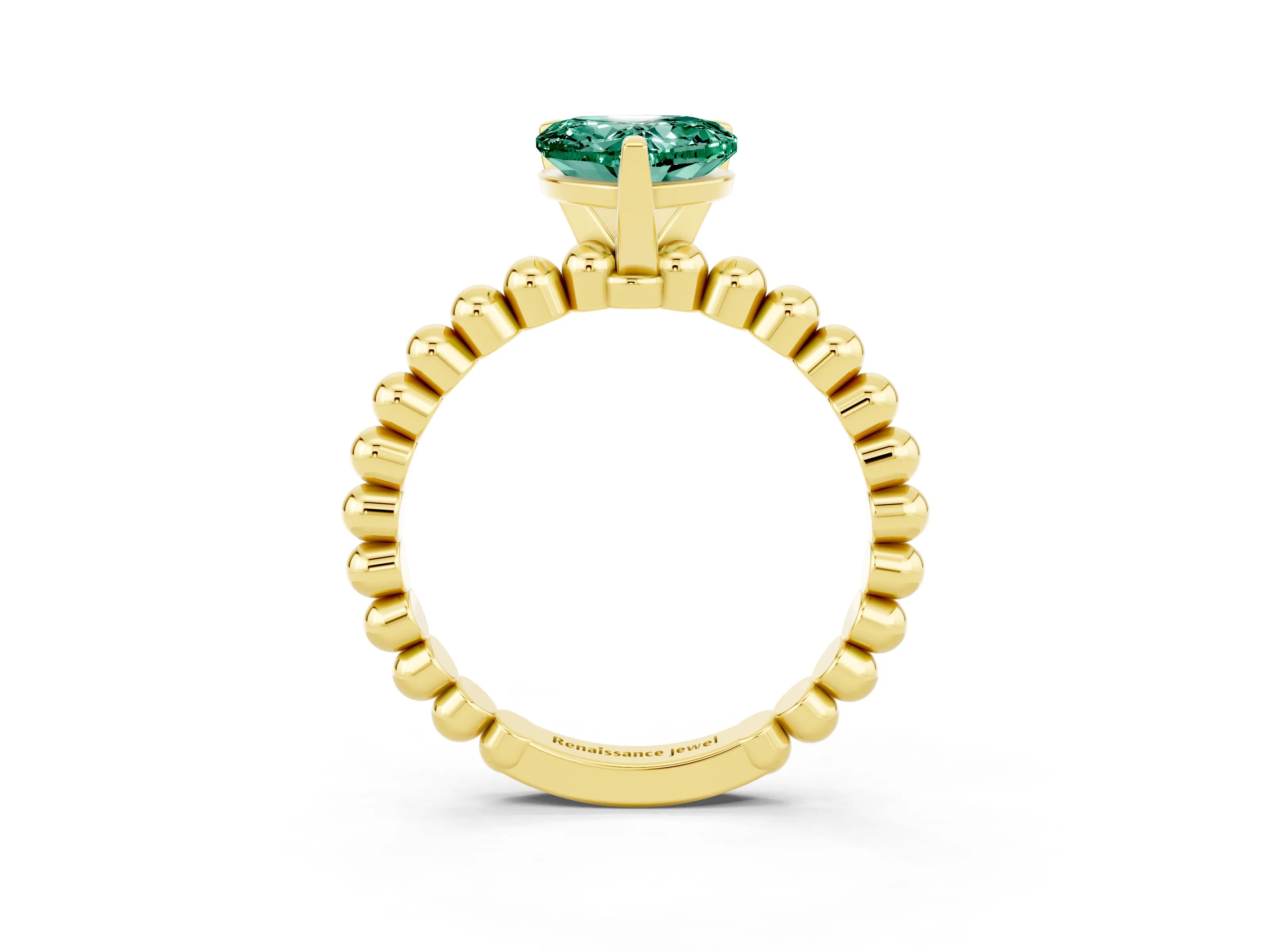 Yellow gold Heart Cut Green Sapphire Solitaire Ring with Beaded Band and Prong Setting_3