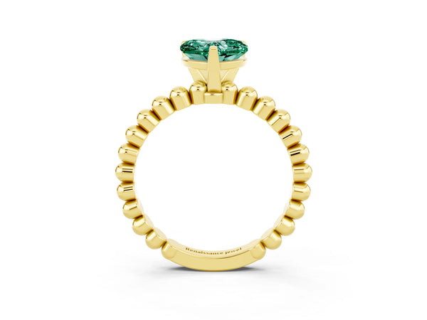 Yellow gold Heart Cut Green Sapphire Solitaire Ring with Beaded Band and Prong Setting