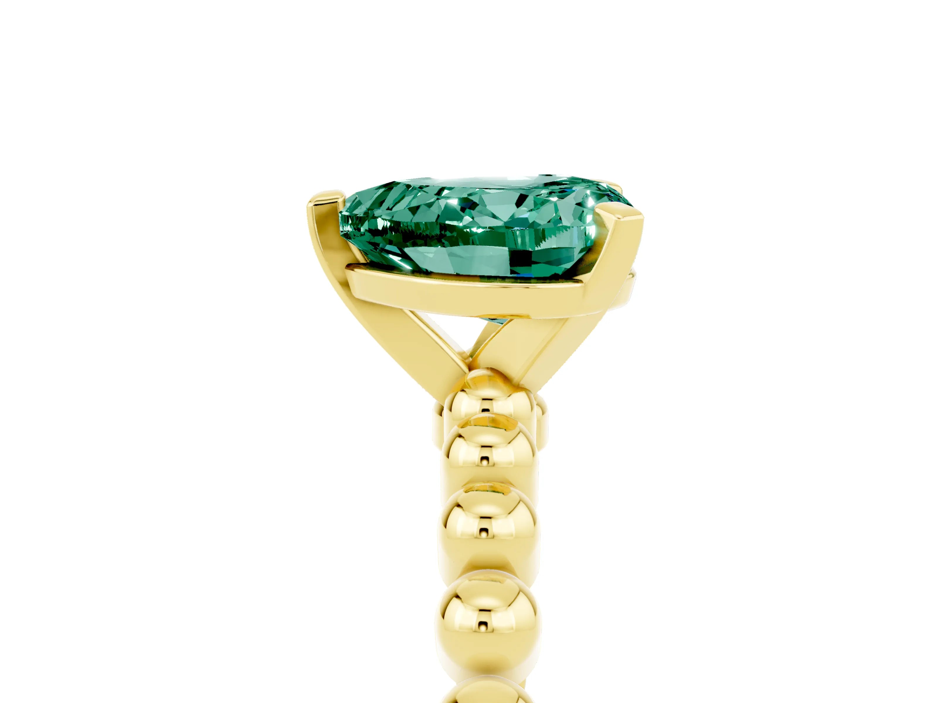 Yellow gold Heart Cut Green Sapphire Solitaire Ring with Beaded Band and Prong Setting_5