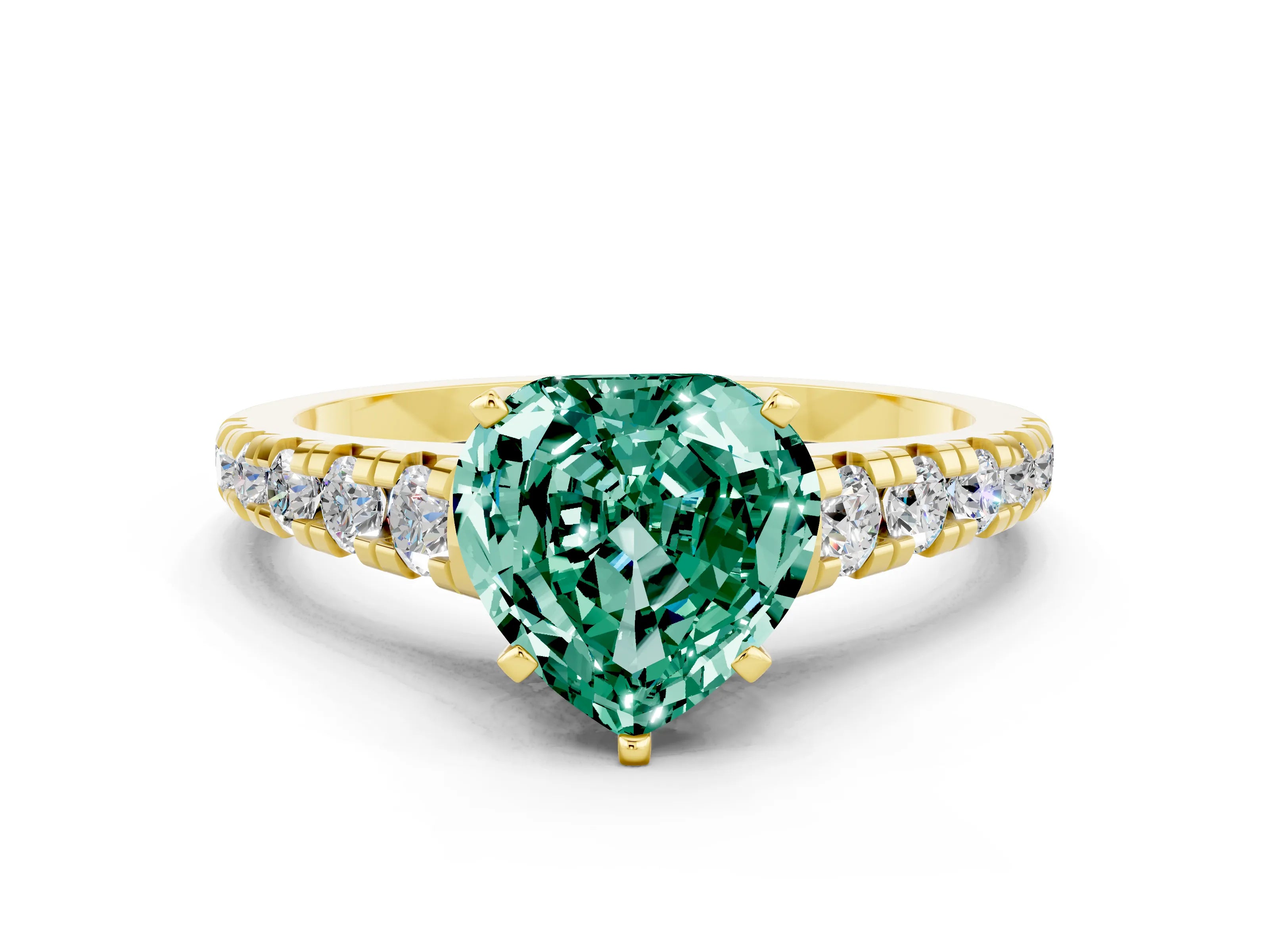 Yellow gold Heart Cut Green Sapphire Solitaire Ring with Cathedral Setting and Pavé Band