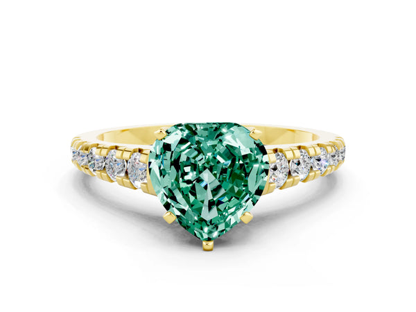 Yellow gold Heart Cut Green Sapphire Cathedral Solitaire Ring with Round  Pavé Band