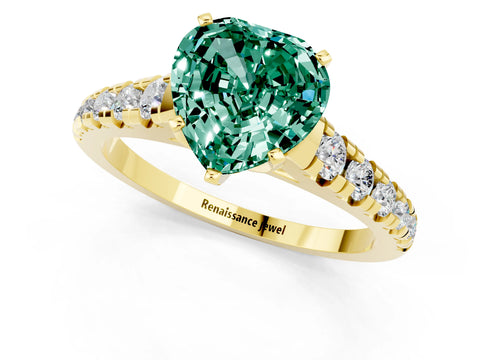 Yellow gold Heart Cut Green Sapphire Solitaire Ring with Cathedral Setting and Pavé Band_1