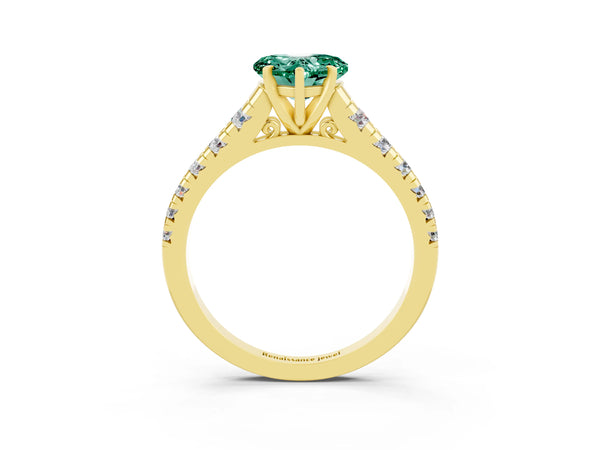 Yellow gold Heart Cut Green Sapphire Cathedral Solitaire Ring with Round  Pavé Band