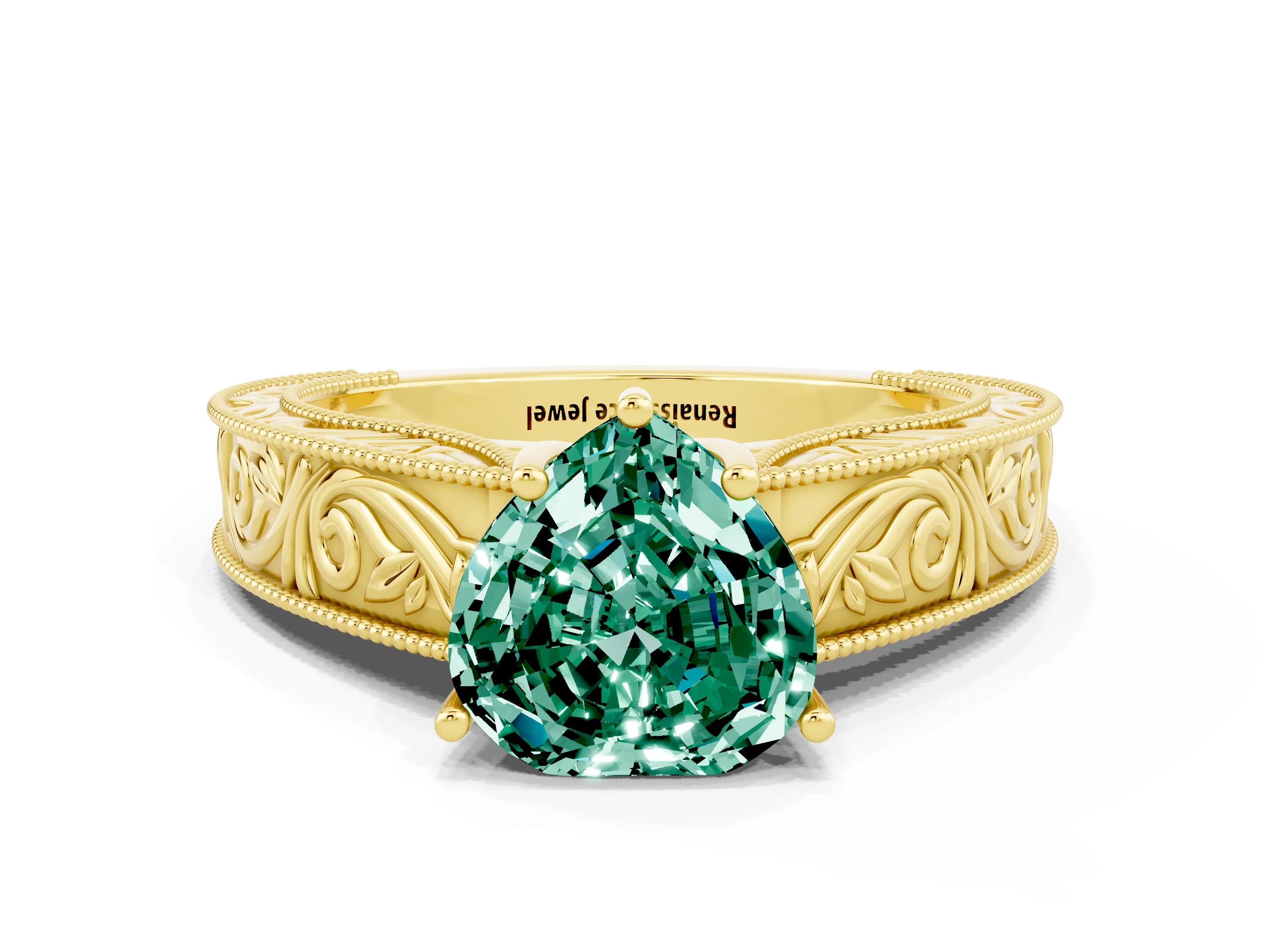 Yellow gold Heart Cut Green Sapphire Solitaire Ring with Engraved Band and Four-Prong Setting