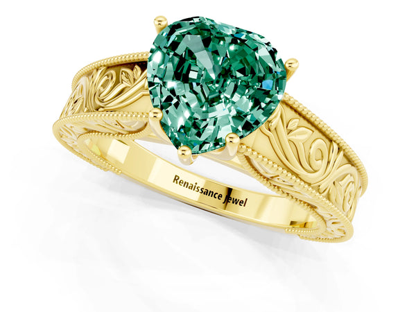 Yellow gold Heart Cut Green Sapphire Solitaire Ring with Engraved Band and Four-Prong Setting