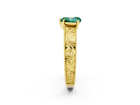 Yellow gold Heart Cut Green Sapphire Solitaire Ring with Engraved Band and Four-Prong Setting_2