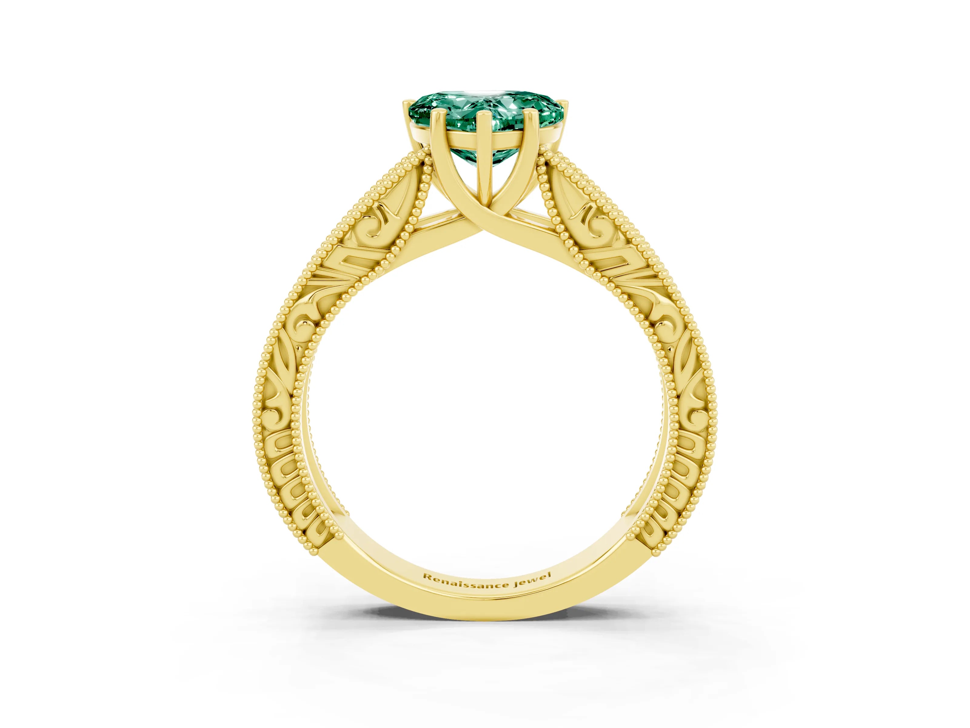 Yellow gold Heart Cut Green Sapphire Solitaire Ring with Engraved Band and Four-Prong Setting_3