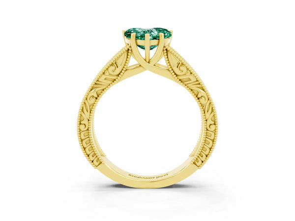Yellow gold Heart Cut Green Sapphire Solitaire Ring with Engraved Band and Four-Prong Setting