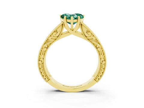 Yellow gold Heart Cut Green Sapphire Solitaire Ring with Engraved Band and Four-Prong Setting_3