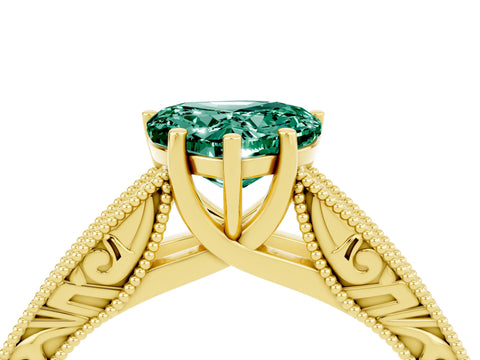 Yellow gold Heart Cut Green Sapphire Solitaire Ring with Engraved Band and Four-Prong Setting_4