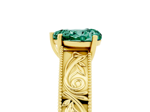 Yellow gold Heart Cut Green Sapphire Solitaire Ring with Engraved Band and Four-Prong Setting_5
