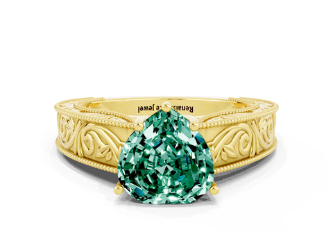 Yellow gold Heart Cut Green Sapphire Solitaire Ring with Engraved Band and Four-Prong Setting