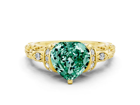 Yellow gold Heart Cut Green Sapphire Solitaire Ring with Filigree Band and Four-Prong Setting_24