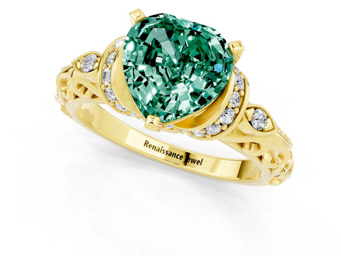 Yellow gold Heart Cut Green Sapphire Solitaire Ring with Filigree Band and Four-Prong Setting_25
