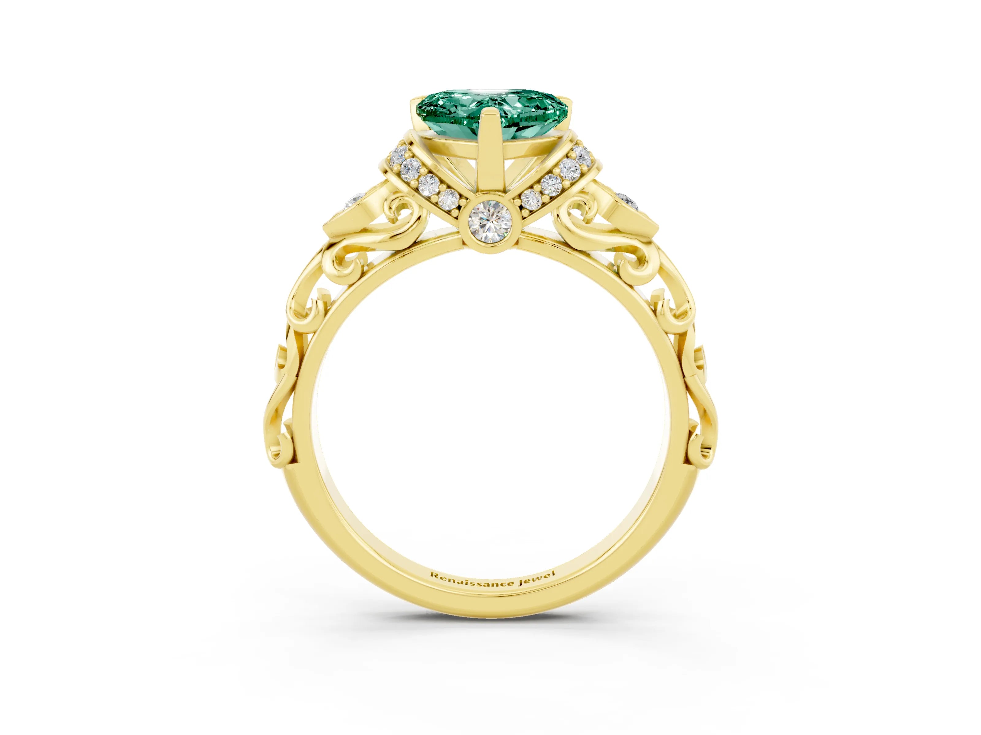 Yellow gold Heart Cut Green Sapphire Solitaire Ring with Filigree Band and Four-Prong Setting_27