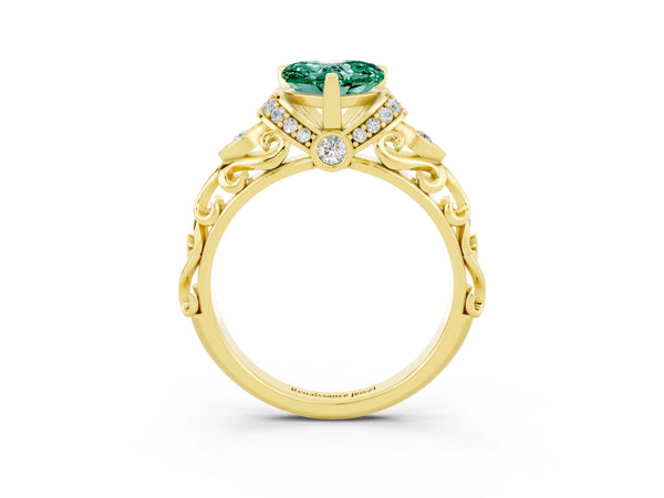 Yellow gold Heart Cut Green Sapphire Solitaire Ring with Filigree Band and Four-Prong Setting