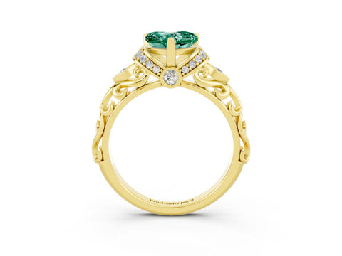 Yellow gold Heart Cut Green Sapphire Solitaire Ring with Filigree Band and Four-Prong Setting_27