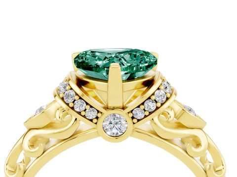 Yellow gold Heart Cut Green Sapphire Solitaire Ring with Filigree Band and Four-Prong Setting_28