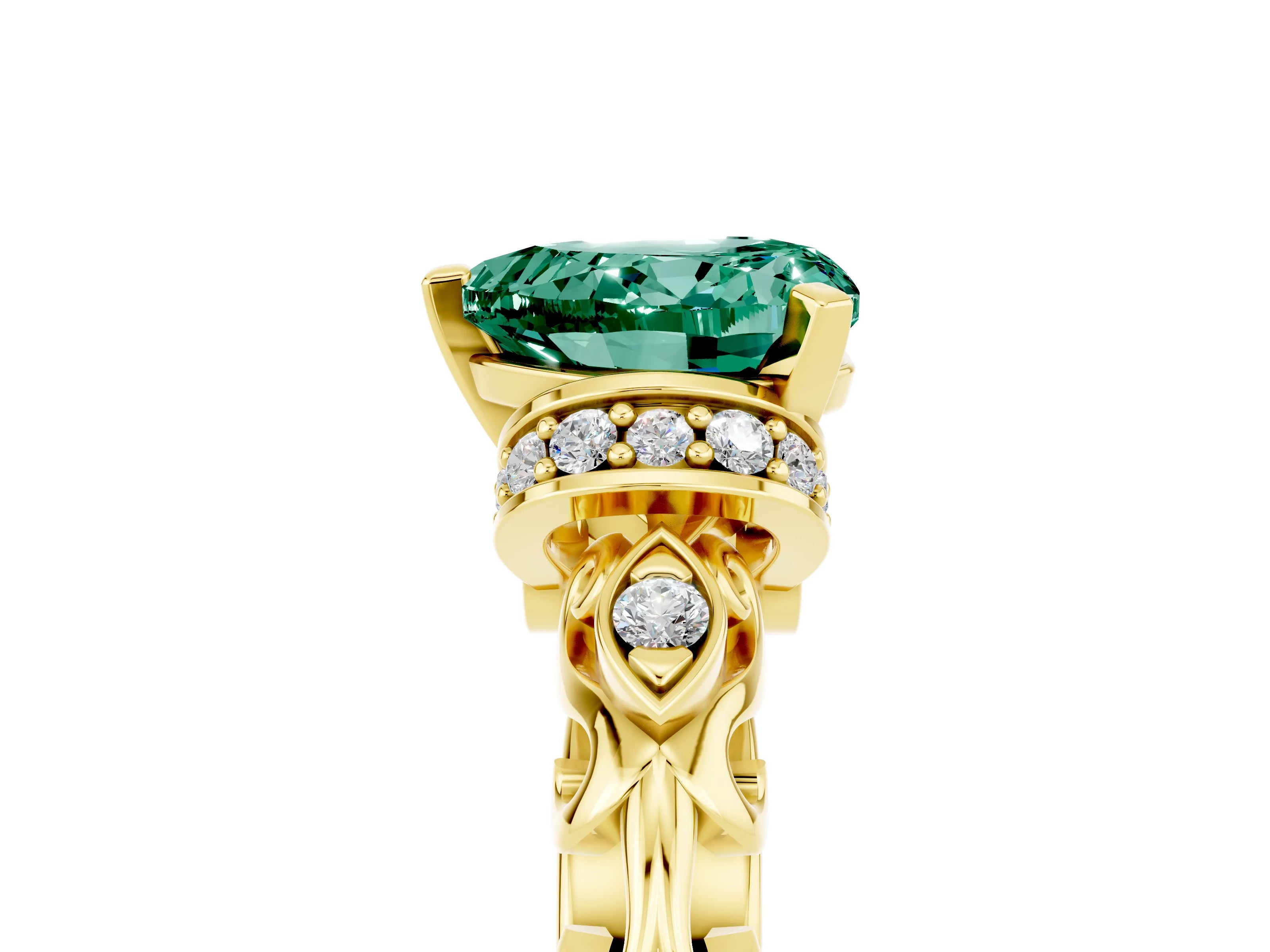 Yellow gold Heart Cut Green Sapphire Solitaire Ring with Filigree Band and Four-Prong Setting_29