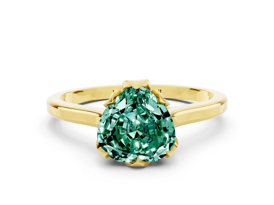 Yellow gold Heart Cut Green Sapphire Solitaire Ring with Flower Prong Setting and Classic Band_12