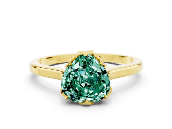 Yellow gold Heart Cut Green Sapphire Solitaire Ring with Flower Prong Setting and Classic Band