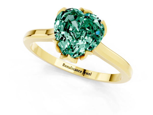 Yellow gold Heart Cut Green Sapphire Solitaire Ring with Flower Prong Setting and Classic Band