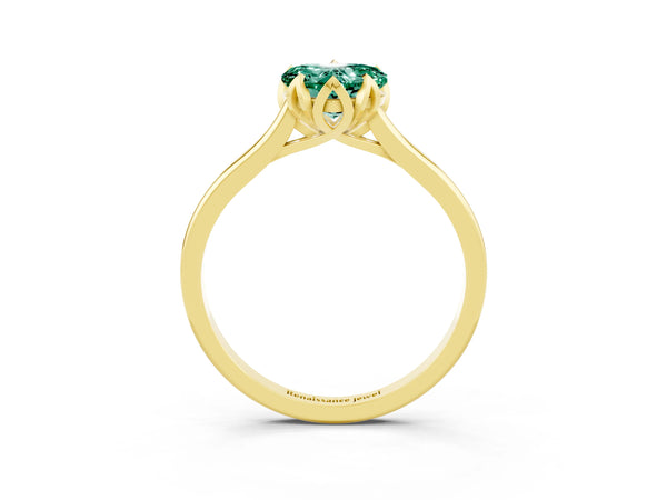 Yellow gold Heart Cut Green Sapphire Solitaire Ring with Flower Prong Setting and Classic Band