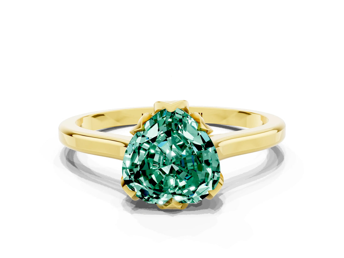 Yellow gold Heart Cut Green Sapphire Solitaire Ring with Flower Prong Setting and Classic Band_36