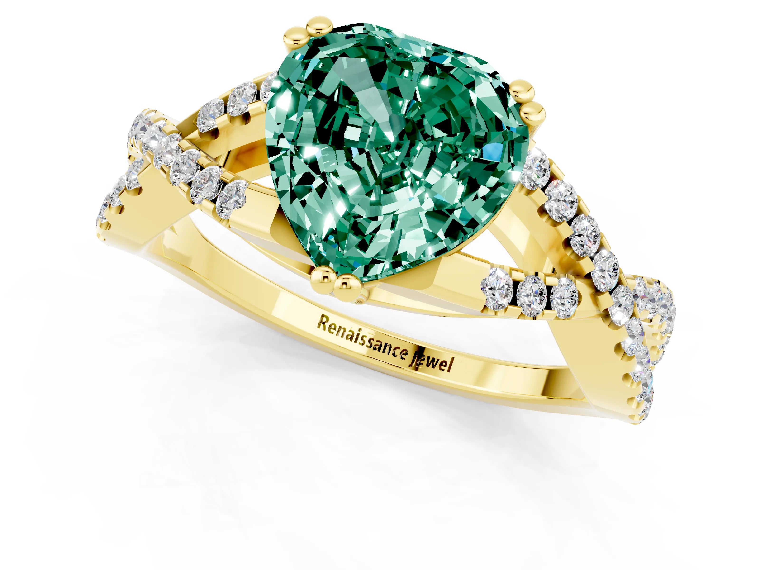 Yellow gold Heart Cut Green Sapphire Solitaire Ring with Four-Prong Setting and Twisted Pavé Band_1