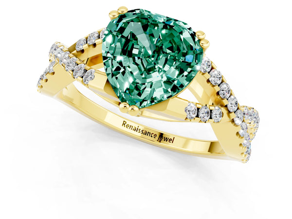Yellow gold Heart Cut Green Sapphire Solitaire Ring with Four-Prong Setting and Twisted Pavé Band