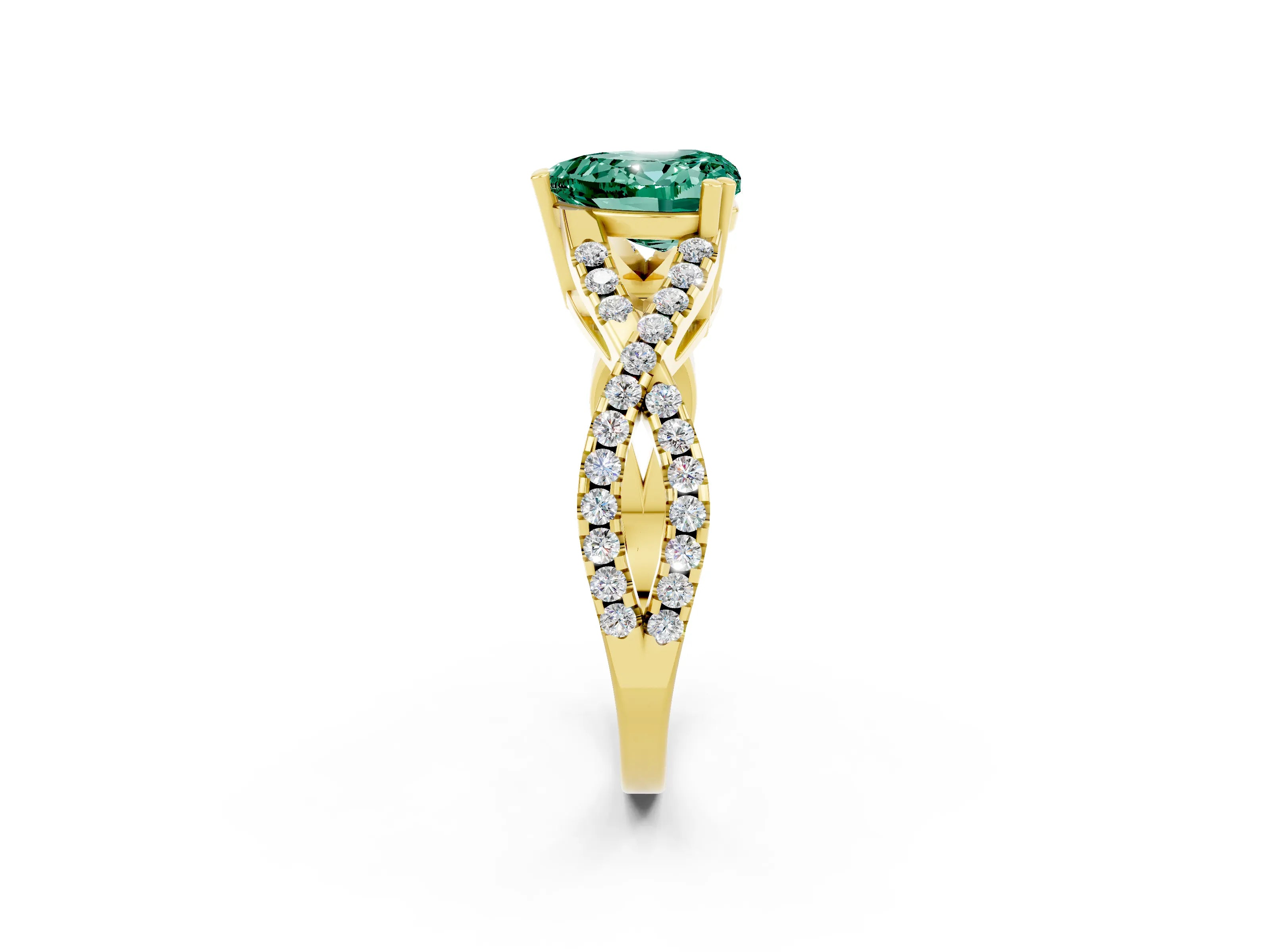 Yellow gold Heart Cut Green Sapphire Solitaire Ring with Four-Prong Setting and Twisted Pavé Band_2