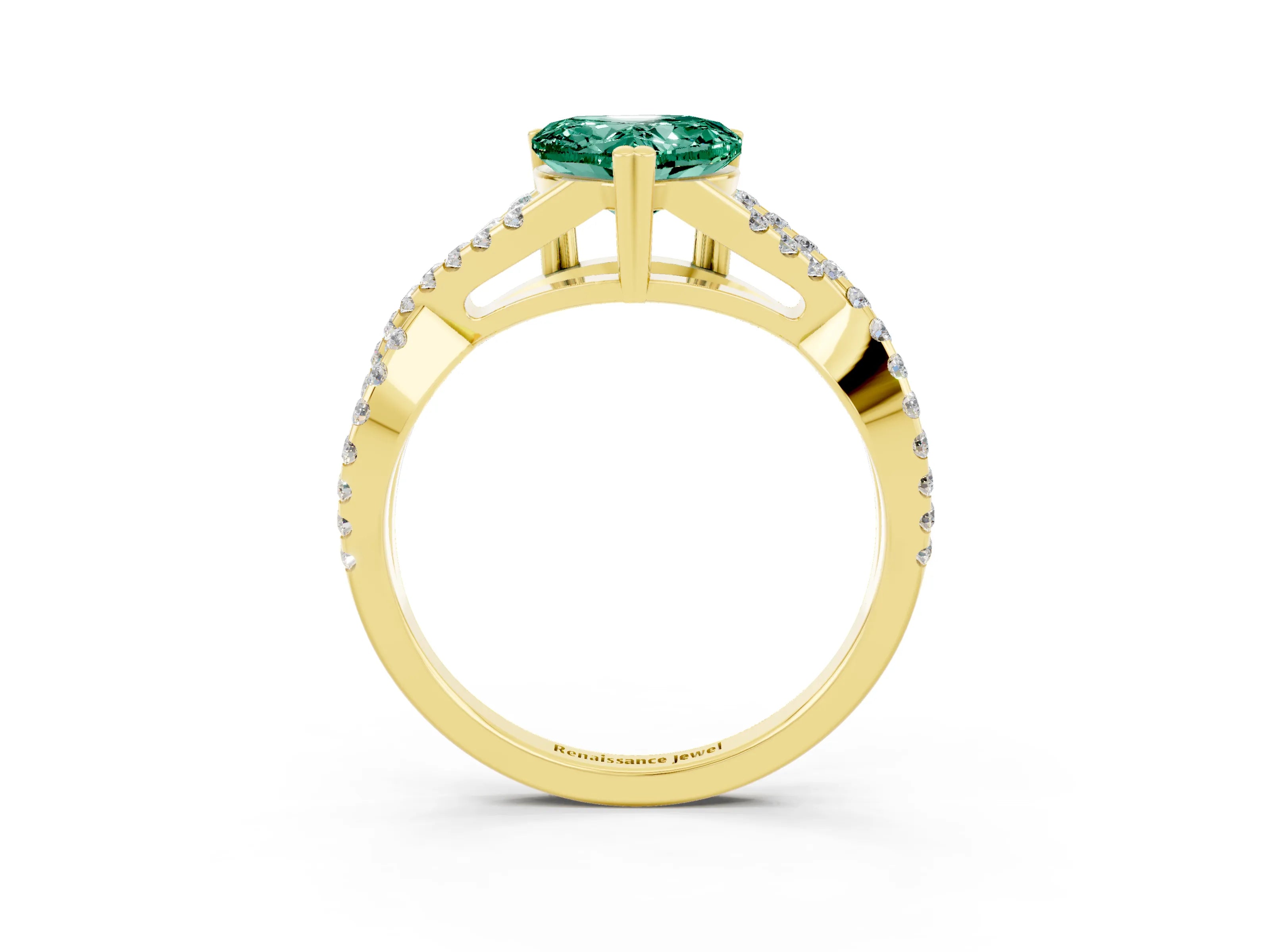 Yellow gold Heart Cut Green Sapphire Solitaire Ring with Four-Prong Setting and Twisted Pavé Band_3