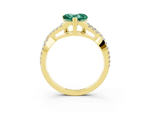 Yellow gold Heart Cut Green Sapphire Solitaire Ring with Four-Prong Setting and Twisted Pavé Band
