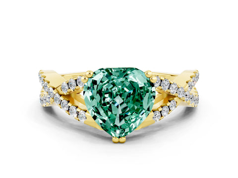 Yellow gold Heart Cut Green Sapphire Solitaire Ring with Four-Prong Setting and Twisted Pavé Band