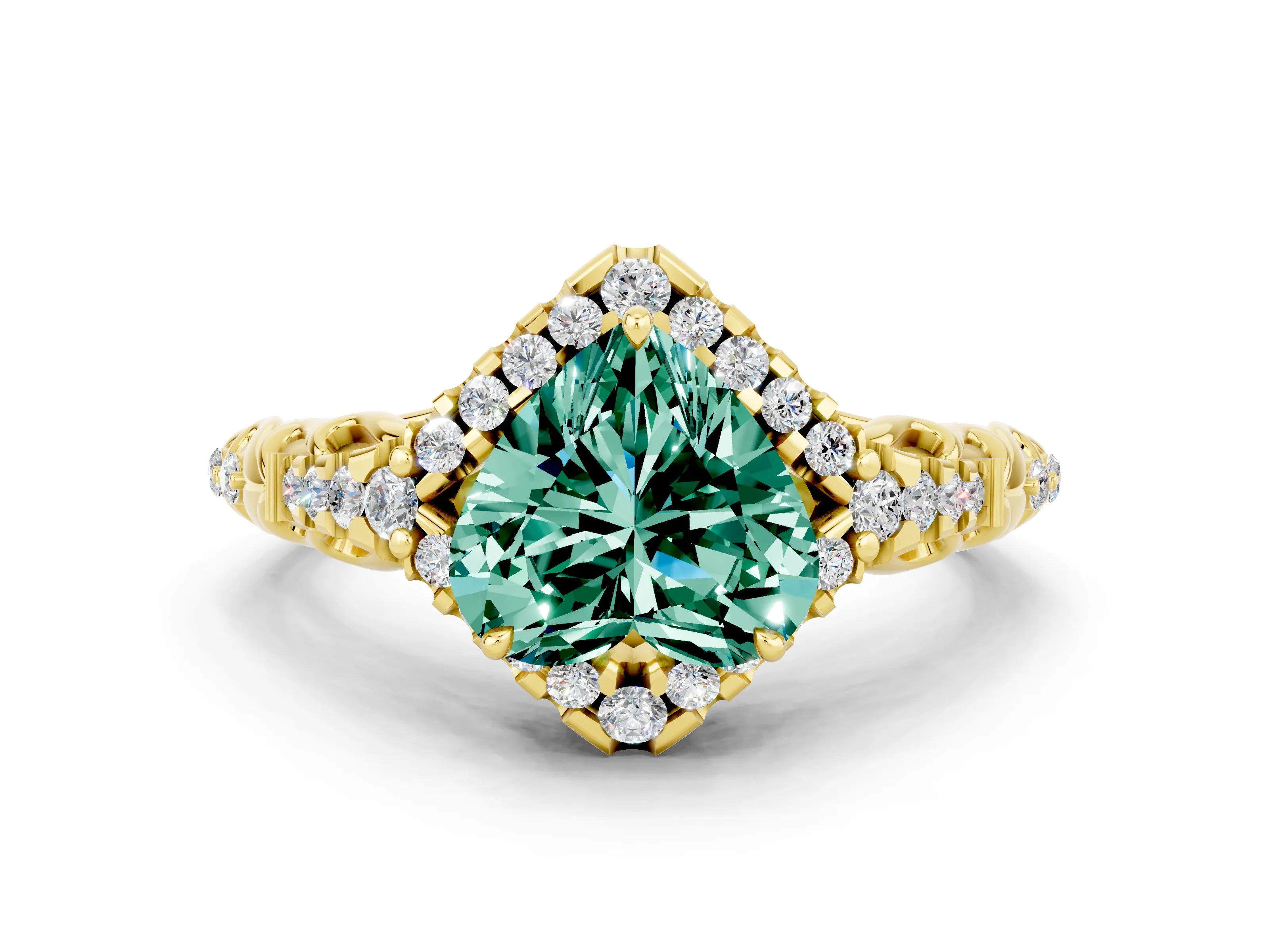 Yellow gold Heart Cut Green Sapphire Solitaire Ring with Hidden Halo and Pavé Band_36