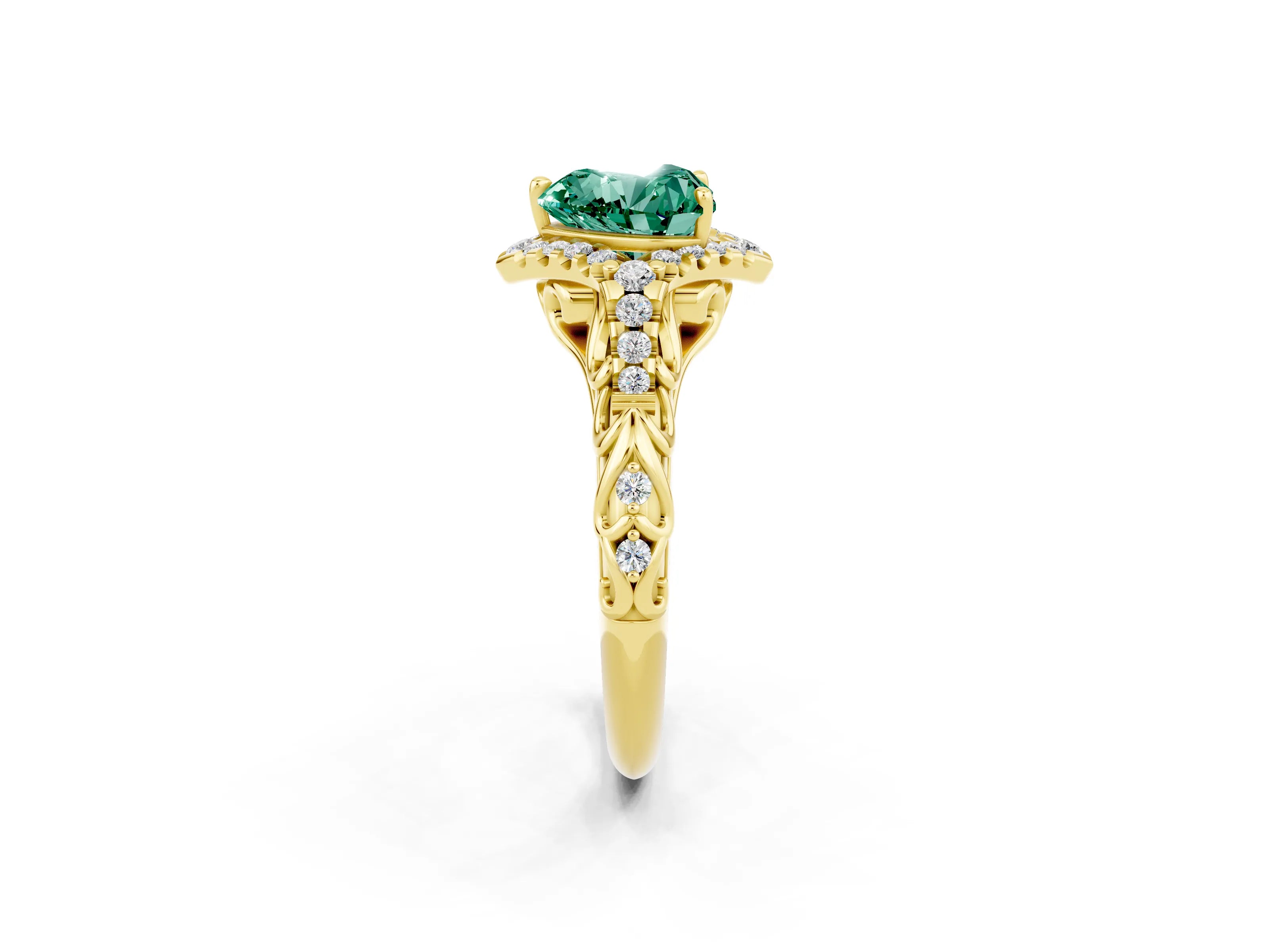 Yellow gold Heart Cut Green Sapphire Solitaire Ring with Hidden Halo and Pavé Band_38