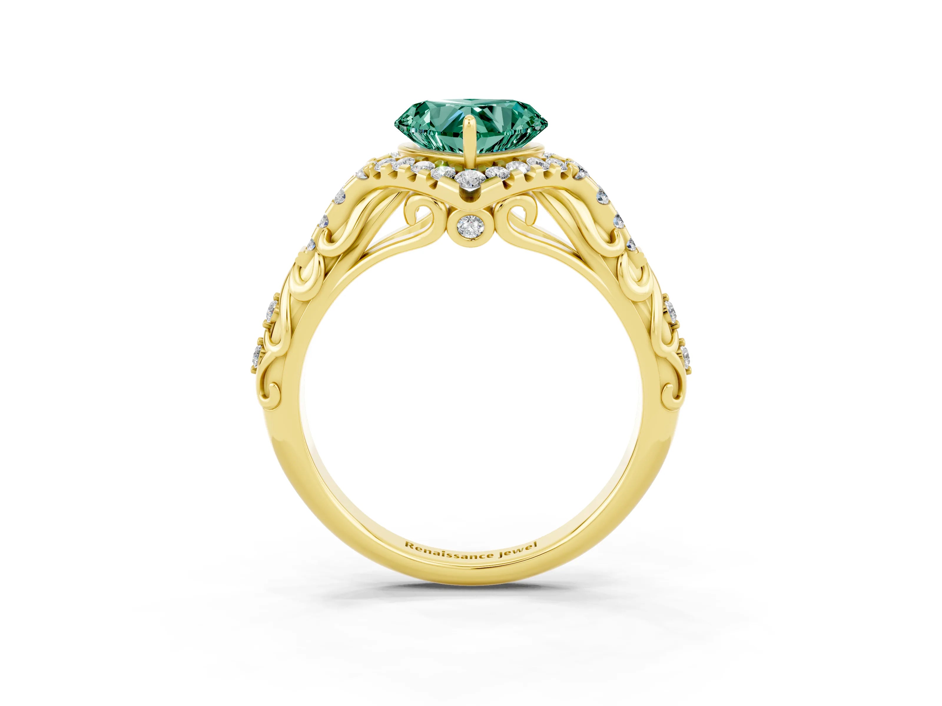 Yellow gold Heart Cut Green Sapphire Solitaire Ring with Hidden Halo and Pavé Band_39