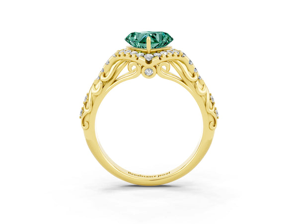 Yellow gold Heart Cut Green Sapphire Solitaire Ring with Hidden Halo and Pavé Band