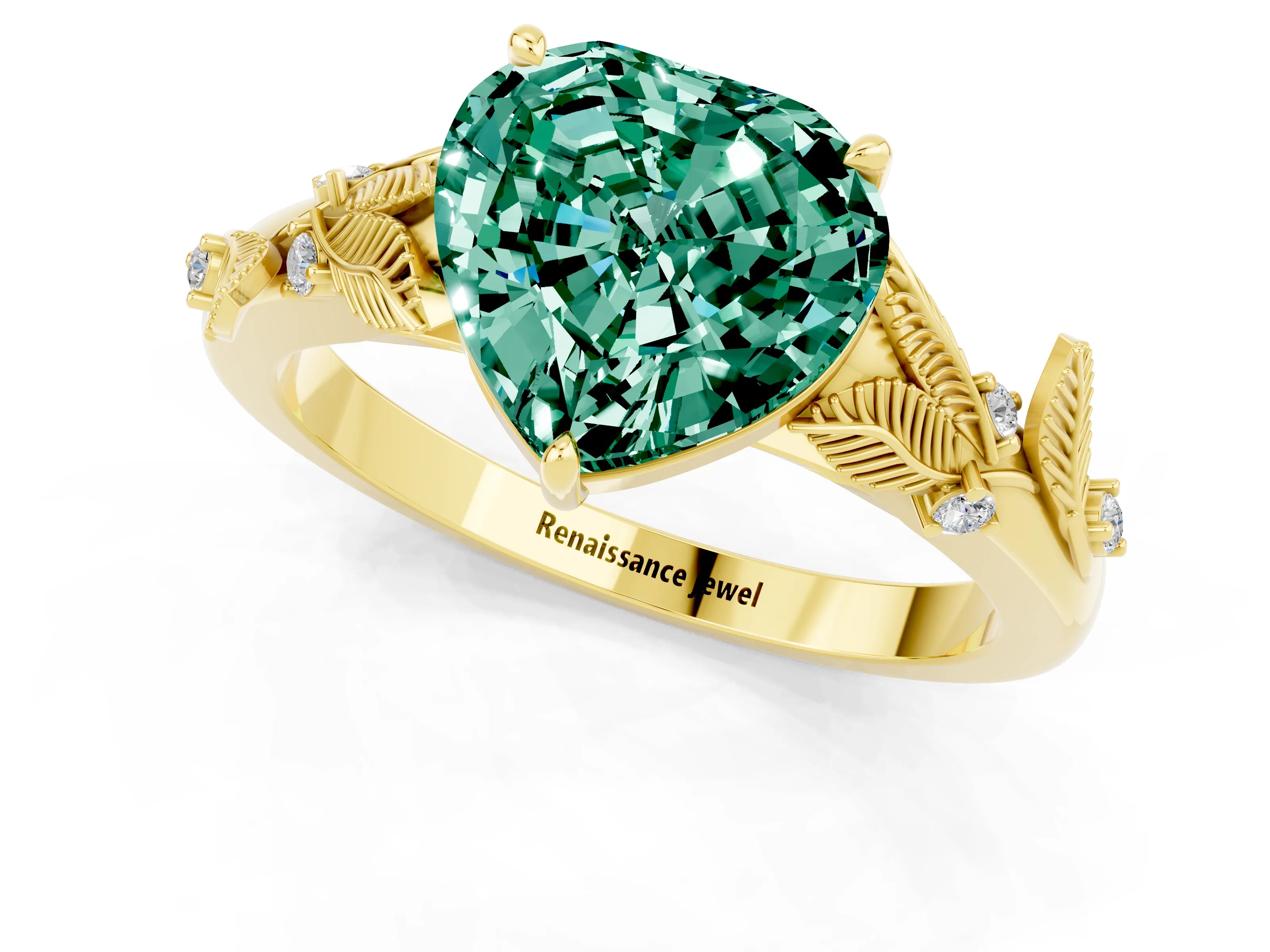 Yellow gold Heart Cut Green Sapphire Solitaire Ring with Leaf Motif Band and Four-Prong Setting_1