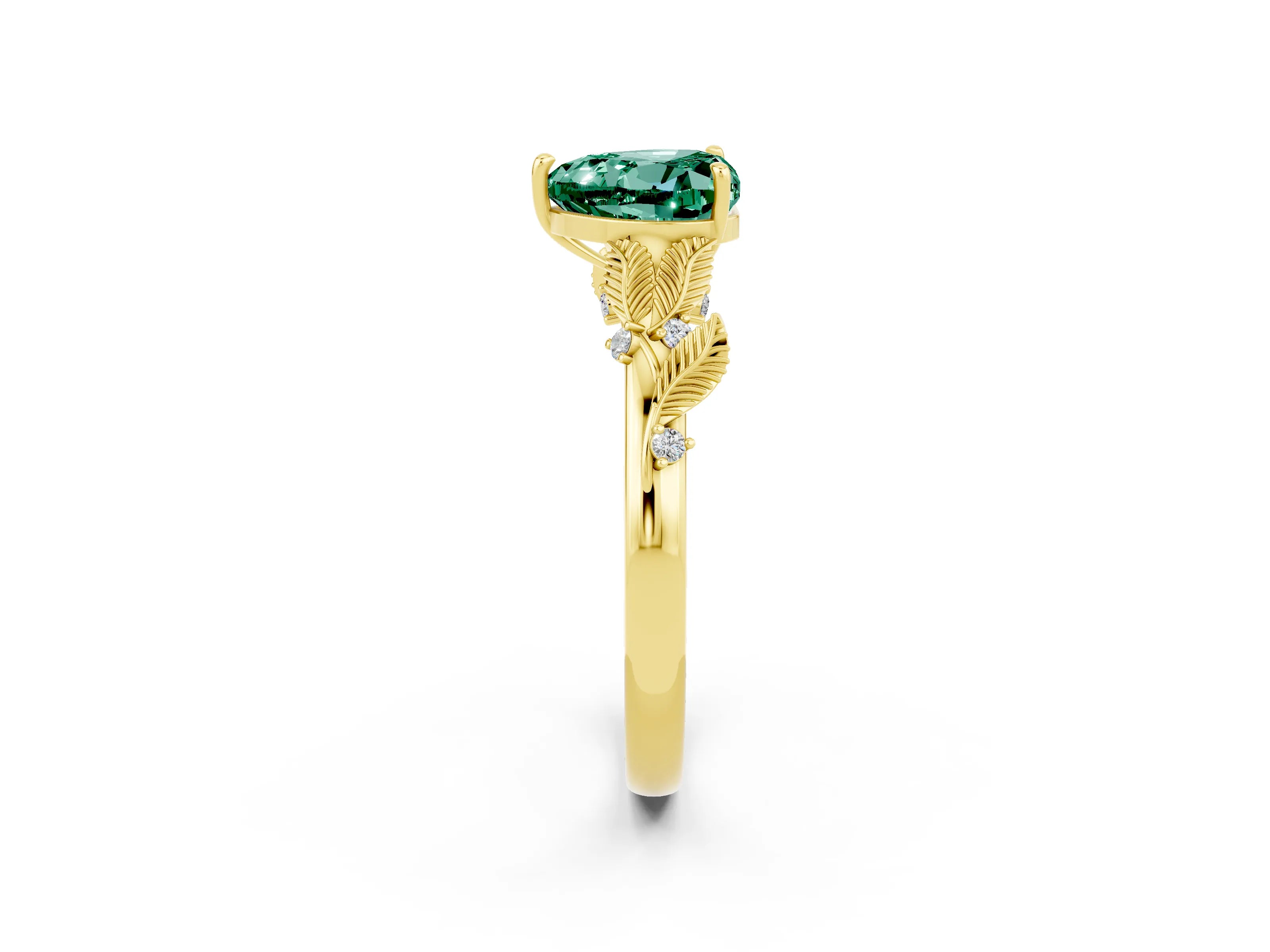Yellow gold Heart Cut Green Sapphire Solitaire Ring with Leaf Motif Band and Four-Prong Setting_2