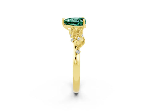Yellow gold Heart Cut Green Sapphire Solitaire Ring with Leaf Motif Band and Four-Prong Setting_2