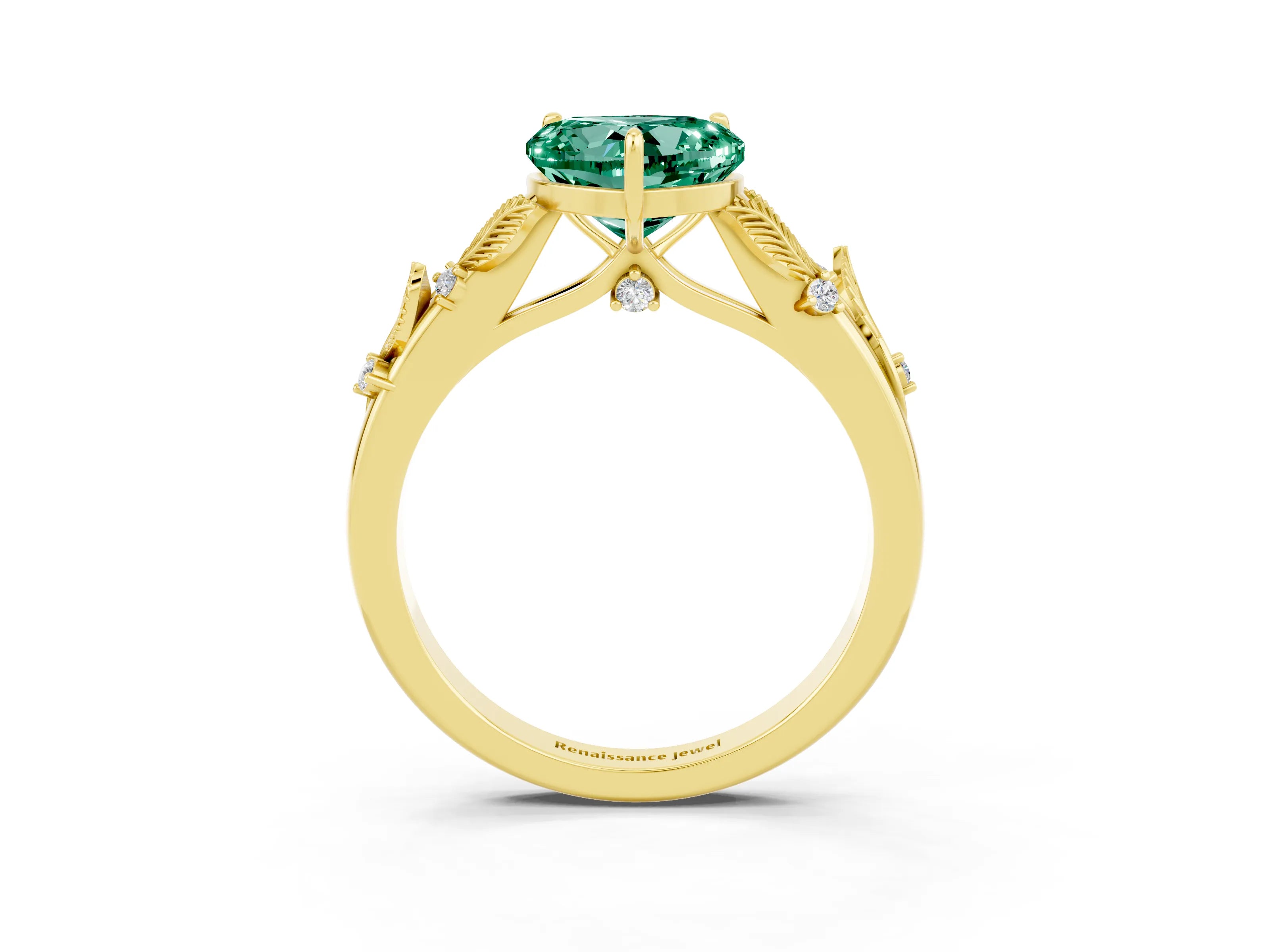Yellow gold Heart Cut Green Sapphire Solitaire Ring with Leaf Motif Band and Four-Prong Setting_3