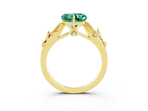 Yellow gold Heart Cut Green Sapphire Solitaire Ring with Leaf Motif Band and Four-Prong Setting