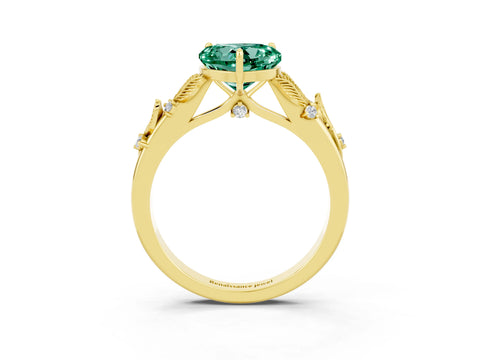 Yellow gold Heart Cut Green Sapphire Solitaire Ring with Leaf Motif Band and Four-Prong Setting_3