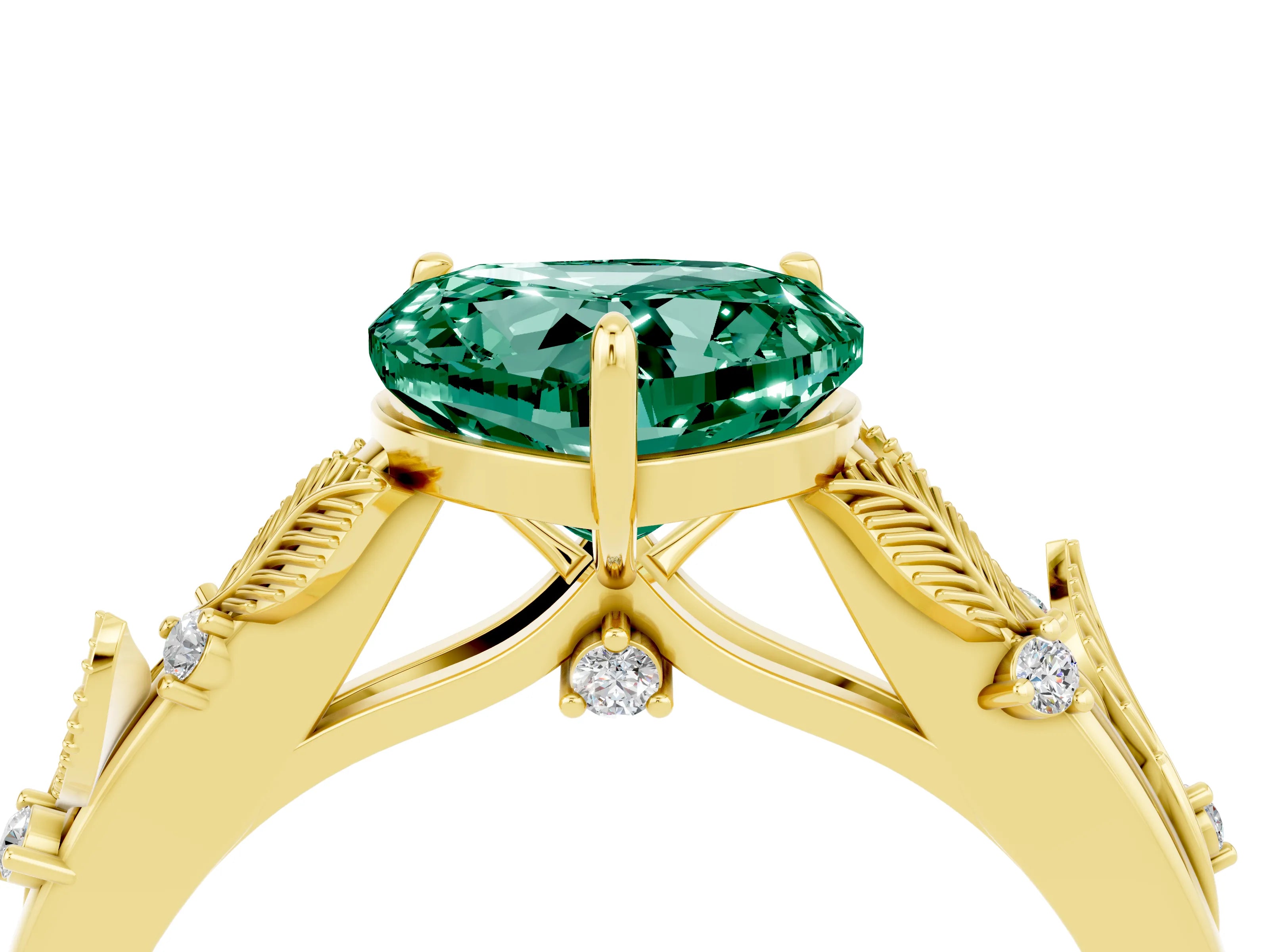 Yellow gold Heart Cut Green Sapphire Solitaire Ring with Leaf Motif Band and Four-Prong Setting_4