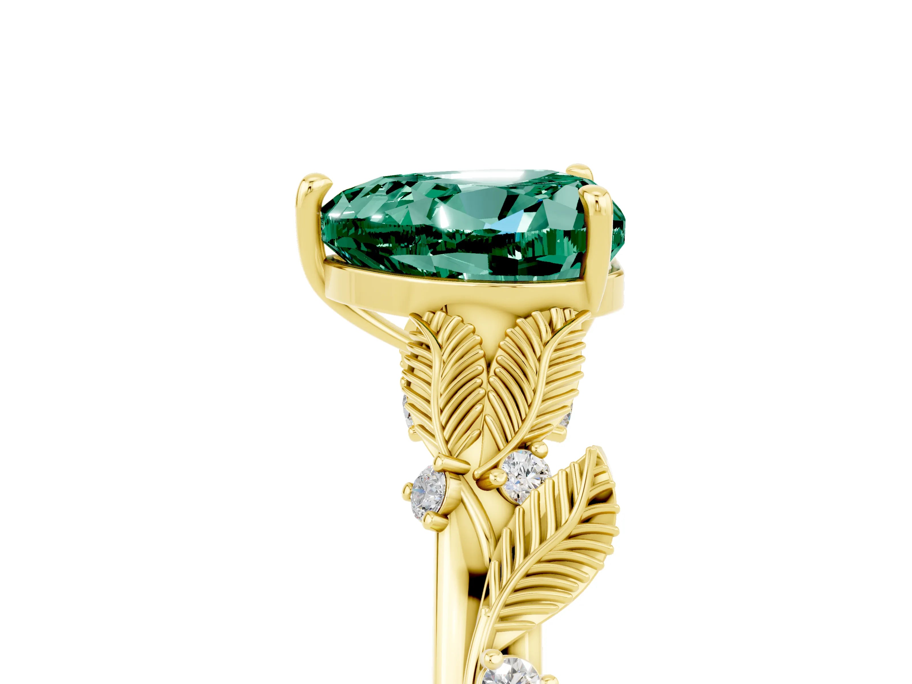 Yellow gold Heart Cut Green Sapphire Solitaire Ring with Leaf Motif Band and Four-Prong Setting_5