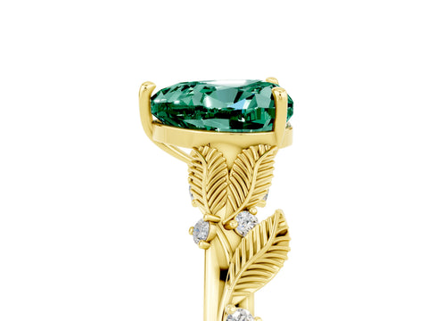 Yellow gold Heart Cut Green Sapphire Solitaire Ring with Leaf Motif Band and Four-Prong Setting_5