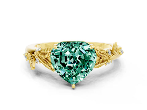Yellow gold Heart Cut Green Sapphire Solitaire Ring with Leaf Motif Band and Four-Prong Setting